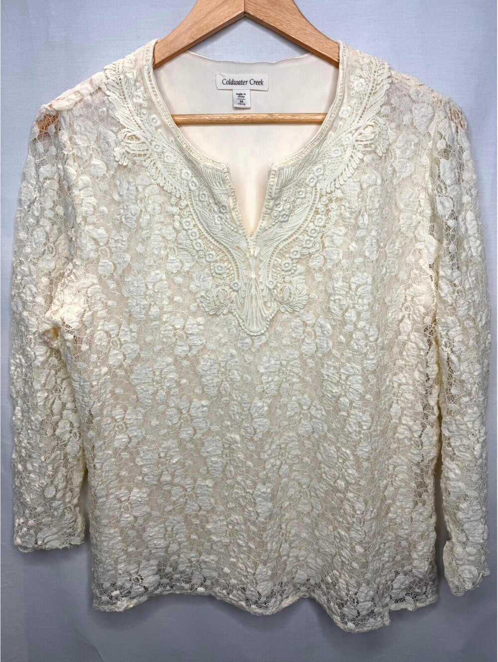 Coldwater Creek Size M Ivory Lace Embroidered Tunic Blouse 3/4 Sleeve